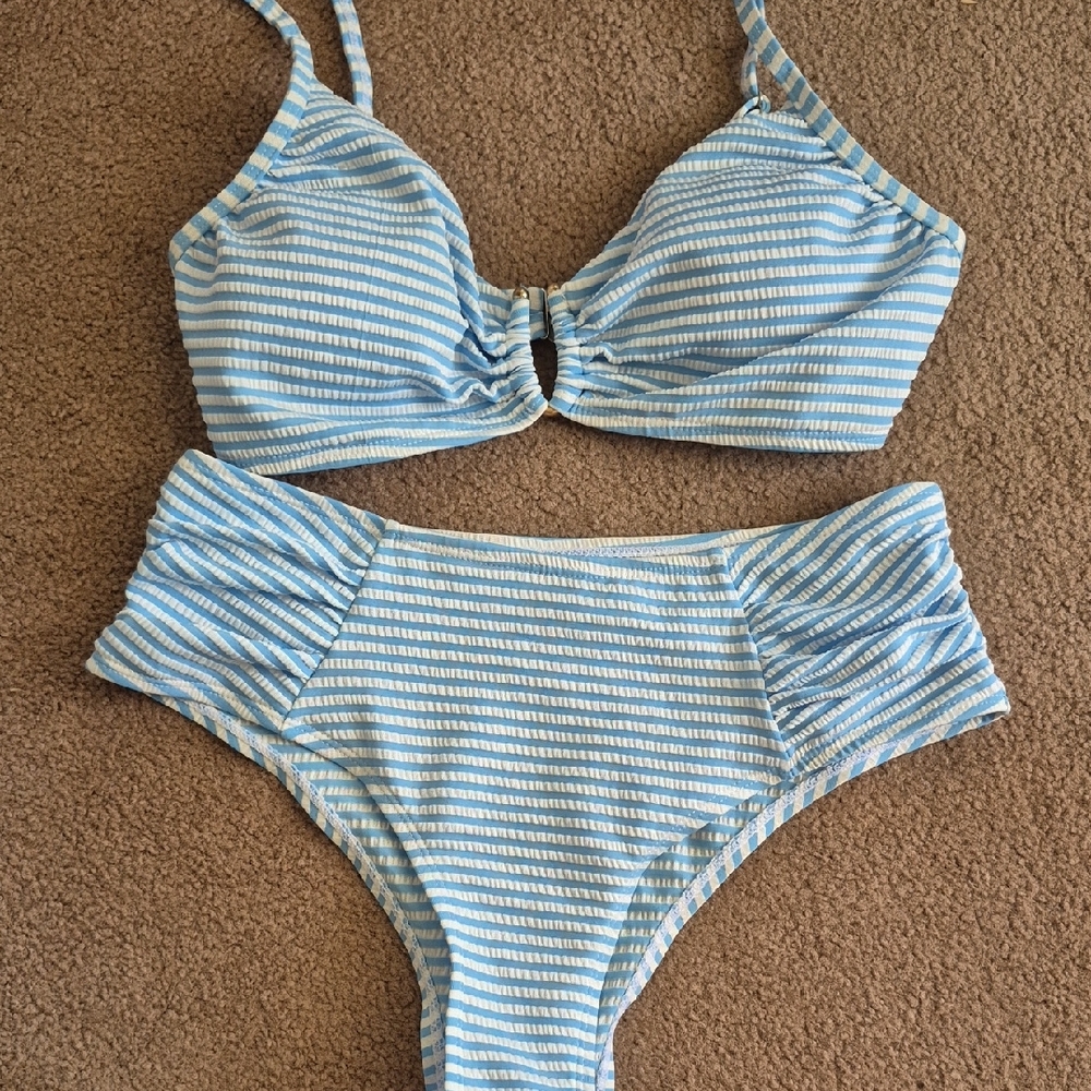 SHEIN Light Blue and White Striped High Waist Bikini Set